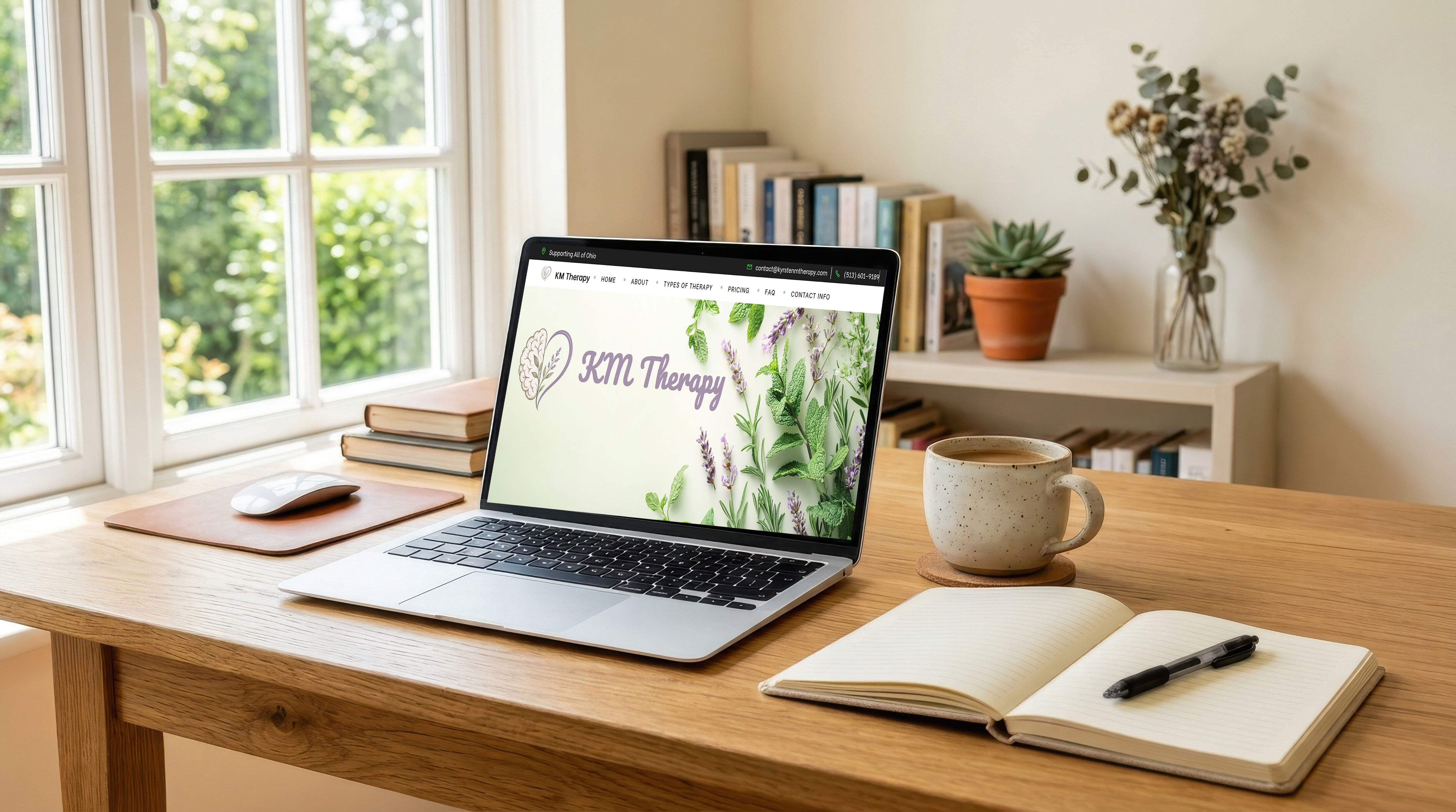 cozy-home-office-desk-with-edit having KM Therapy page on screen